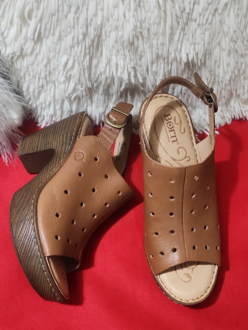 Born Tan Perforated Leather Slingback Block Heels